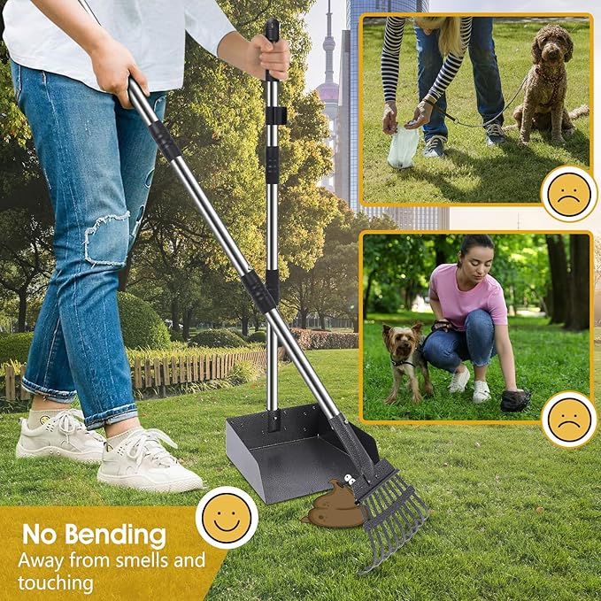 Dog Pooper Scooper, 20L Large Dog Poop Trash Can Outside with Removable Inner Bucket, Poop Trash Can for dog Outdoors with 90 Waste Bags, 37inch Long Handle Stainless Metal Tray & Rake-PawvioPets