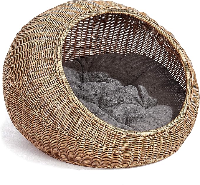 D+GARDEN Wicker Cat Bed Dome for Medium Indoor Cats - a Covered Cat Hideaway Hut of Faux Rattan Houses Pets in Dome Basket, Washable-PawvioPets