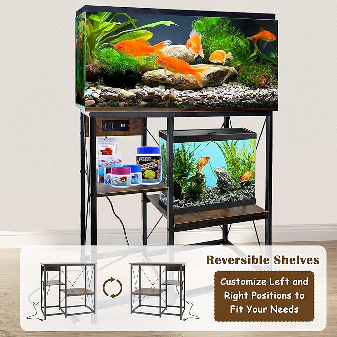 20-37 Gallon Fish Tank Stand with Power Outlet, 30.7"x13.8" Metal Frame Fish Stand, 3-Tier Wood Aquarium Stand, 400LBS Capacity Reptile Terrarium Stand-PawvioPets