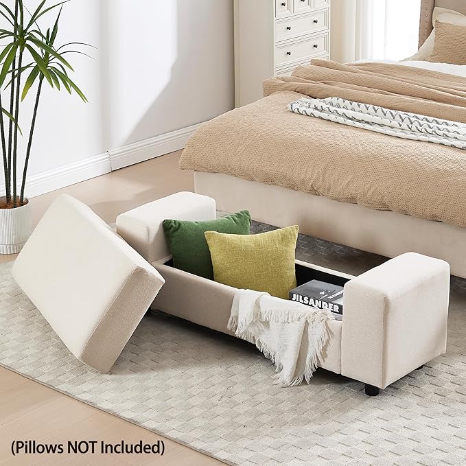 Beige Storage Bench for Entryway, 55" Bedroom Ottoman with Storage Large Linen Fabric Upholstered End of Bench with Lip for Living Room/Bedroom/Lounge/Shop, Beige-PawvioPets