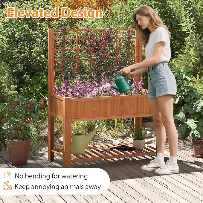 Giantex Raised Garden Bed with Trellis, Wooden Elevated Planter Box with Legs, Drainage Holes for Climbing Plants Vines Vegetables Flowers Herbs, Outdoor Horticulture Planter for Patio Yard (Brown)-PawvioPets