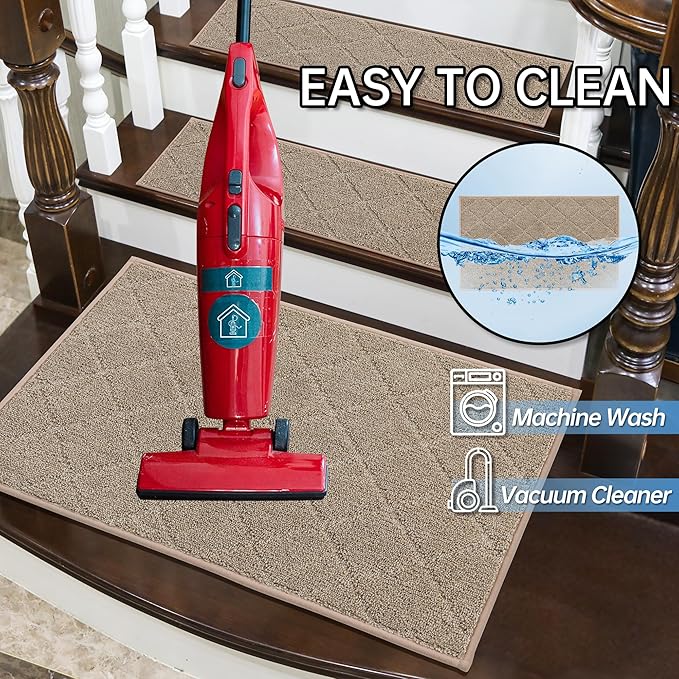 COSY HOMEER Edging Stair Treads Non-Slip Corner Indoor Stair Runners for Wooden Steps,Landing Slip Resistant Stair Rugs for Kids and Dogs, 100% Polyester TPE Backing,Beige,20"X32"-PawvioPets