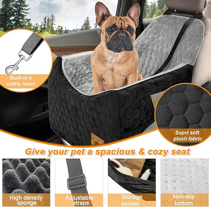 Dog Car Seat for Small/Medium Dogs, Memory Foam Dog Booster Seat, Travel Safety Per Car Seat with Washable Removable Cover, Storage Pockets, up to 35 lbs(BlackGray)-PawvioPets