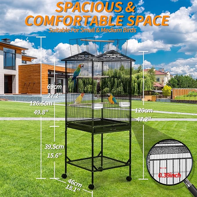 Bird Cage 47 inch Wrought Iron Parakeets Cage with Play Open Top and Rolling Stand Medium Small Bird Cage for Parrots, Budgerigars, Parakeets, Cockatiels, Lovebirds-PawvioPets