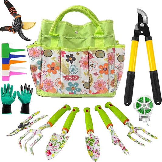 Gardening Tools – 42 Piece Premium Gardening Tool Set,Heavy Duty Hand Tools with Fashion Garden Tools Organizer Handbag,Rust-Proof Gardening Tool Kit, Ideal Gardening Gifts for Women(Pink Floral)-PawvioPets