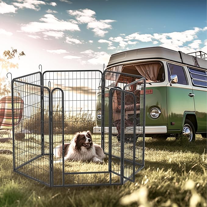 Dog Playpen, Outdoor Dog Fence, 6 Panels, 40" H Dog Pen for Large/Medium/Small Dogs, Heavy Duty Metal Pet Fence with Gate, Portable Dog Fence for RV Camping and Yard (Black)-PawvioPets