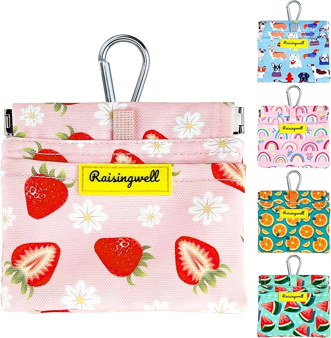 Dog Treat Pouch,Cotton Pocket Sized Training Holder, Hand Free Walking Funny Bag with Carabiner, Self-Closing Pet Feed Snack Reward, Behavior Aids for Puppy Travel or Outdoor Use（Strawberry）-PawvioPets