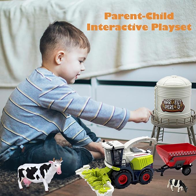 Farm Animals Toys Set Barn Toy Combine Harvester Tractor with Trailer Horse Stable Grain Bins Horse Cow Farmer Figures Fence Playset for Kids Toddlers Boy Girl 3-7 Years Old-PawvioPets