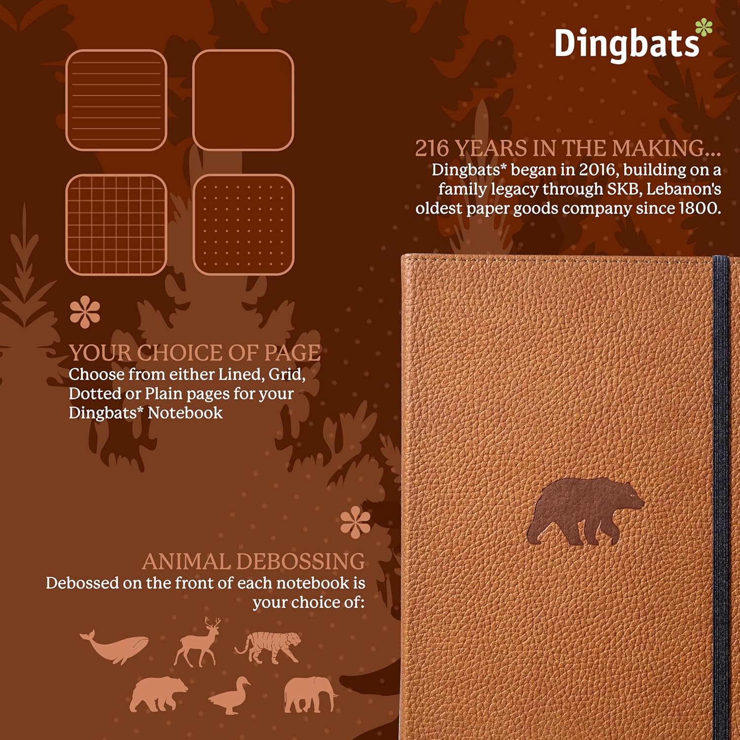 Dingbats* Wildlife Lined Writing Journal Notebook A5 - Vegan Leather Hardcover - Ideal for Work, Travel - Pocket, Elastic Closure, & Bookmark