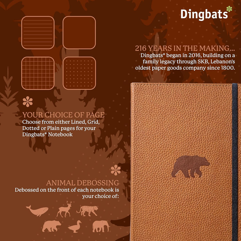 Dingbats* Wildlife Grid Writing Journal Notebook A5 - Vegan Leather Hardcover - Ideal for Work, Travel - Pocket, Elastic Closure, & Bookmark