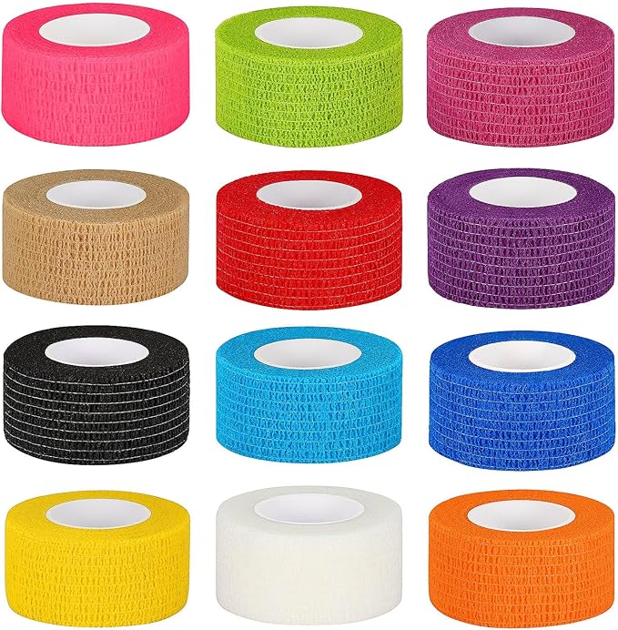 12 Pack Self Adhesive Bandage Wrap 1 Inch Cohesive Bandage Self Adherent Vet Wrap for Dog Pets Elastic Bandage Finger Tape Self Stick Wrap for First Aid Sports Athletic Tape (Mixed Colors)-PawvioPets