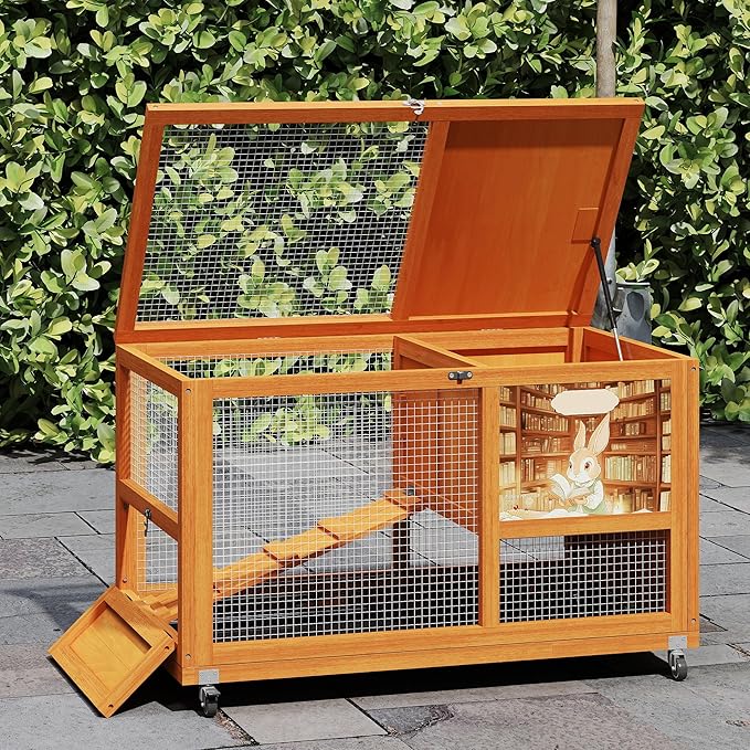 COZIWOW Wooden 36Inches Rabbit Hutch Indoor with Wheels Bunny Cage Outdoor Rabbit Cage with Clean Tray, Openable Roof, Anti-Slip Ramp for Small Bunny (Orange with Pattern)-PawvioPets