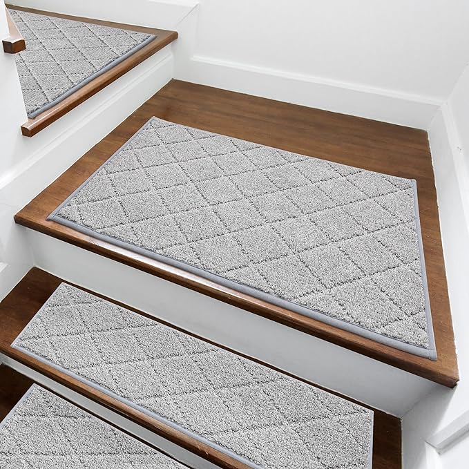 COSY HOMEER Edging Stair Treads Non-Slip Corner Indoor Stair Runners for Wooden Steps,Landing Slip Resistant Stair Rugs for Kids and Dogs, 100% Polyester TPE Backing,Grey,20"X32"-PawvioPets