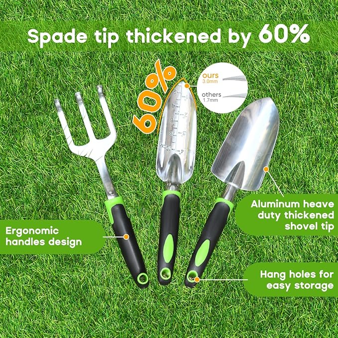 Garden Tool Set, 3 Pack Aluminum Heavy Duty Gardening Kit Includes Hand Trowel, Transplant Trowel and Cultivator Hand Rake with Soft Rubberized Non-Slip Ergonomic Handle, Garden Gifts-PawvioPets