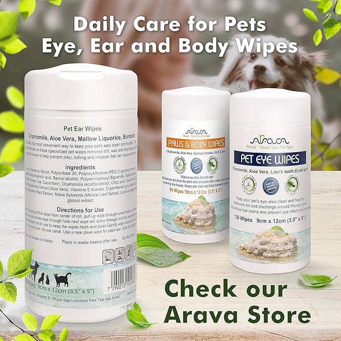 Arava Ear Cleaner Wipes for Dogs Cats Puppies Kittens - 100 Count - Natural Medicated Cleansing Deodorizer - Removes Dirt Wax - Pet Wipes for Cat Ear Cleaning, Dog Ear Cleaner-PawvioPets
