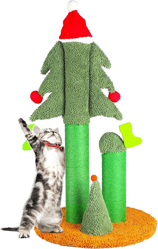 32” Cat Scratching Post, Tall Christmas Tree Cat Scratcher with 3 Posts and Cute Dangling Teaser Balls, Natural Sisal Rope Cat Toys for Kitty and Adult Cats-PawvioPets
