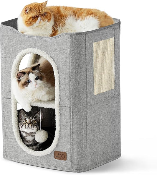 Bedsure 2 Story Cat House - Cat Condos for Indoor Cats with Scratch Pad and Fluffy Ball Hanging, Small Pet Cave Furniture Hideaway for Multi Pets, 18x14x23 inches, Grey-PawvioPets