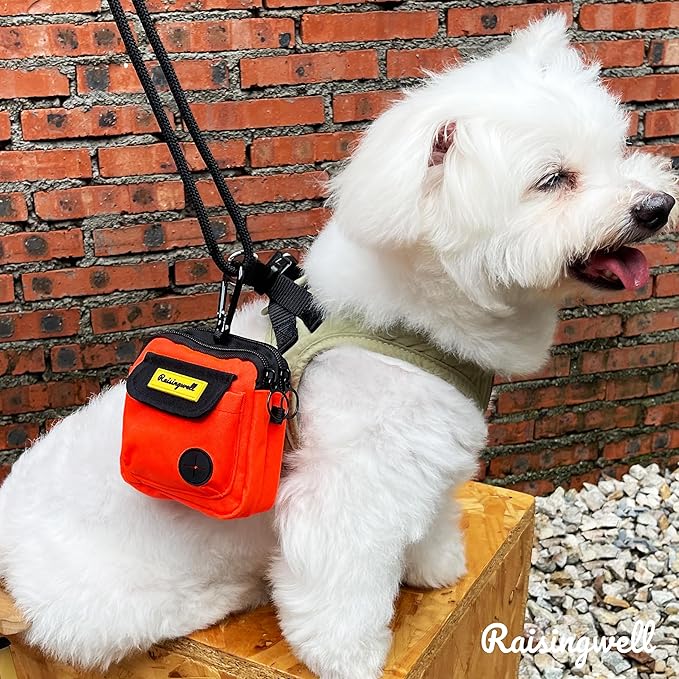 Dog Treat Pouch for Pet Walking and Training with Clicker Poop Bags, and Three Bags Design Small Fanny Zipper Pack Holder for Puppy Snack Dispenser Kit for Leash and Outdoor Use (Orange)-PawvioPets