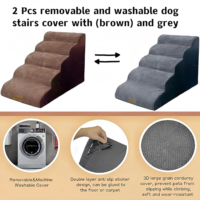 Dog Stairs & Pet Ramp for Small/Large Dogs to High Beds/Couches - 5 Steps 24-inch Height for 18-30 inch Furniture, 2 Washable Covers (Brown, Grey), Non-Slip Balanced 33D Design for Old Dogs & Cats-PawvioPets