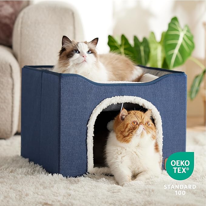 Bedsure Cat Beds for Indoor Cats - Large Cat Cave for Pet Cat House with Fluffy Ball Hanging and Scratch Pad, Foldable Cat Hideaway, 16.5x16.5x13 inches, Blue-PawvioPets