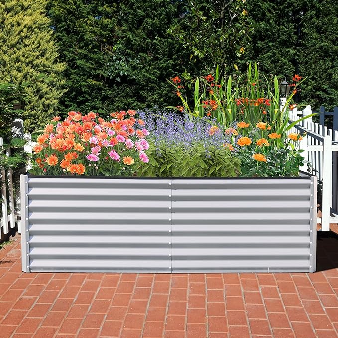 Domi Raised Garden Beds Outdoor, 8x4x2ft Thickening Tall Metal Rectangular Deep Root Box Planter for Vegetables, Flowers, Herbs, and Succulents 2" Deep w/ 456 Gallon Capacity - Silvery-PawvioPets