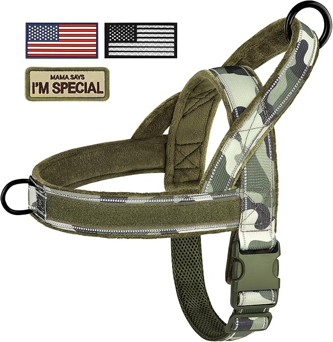 Forestpaw No Pull Dog Harness - Soft Flannel Padded Tactical Dog Vest Harness with Quick Release Buckle, Adjustable Reflective Pet Harness for Large Dogs Walking Training,Green Camouflage XL-PawvioPets