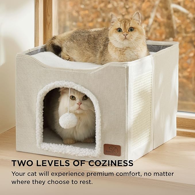 Bedsure Cat Beds for Indoor Cats - Large Cat Cave for Pet Cat House with Fluffy Ball Hanging and Scratch Pad, Foldable Cat Hideaway, 16.5x16.5x13 inches, Ivory-PawvioPets