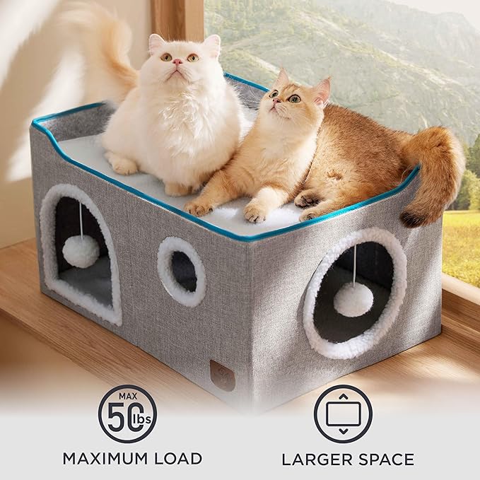 Bedsure Large Cat Beds for Indoor Cats - Extra Wide Cat Cube House for Small Pet with Fluffy Ball Hanging and Scratch Pad, Foldable Pet Cave Hideaway for Multiple Cats, 23.6x16.9x13 inches, Grey-PawvioPets