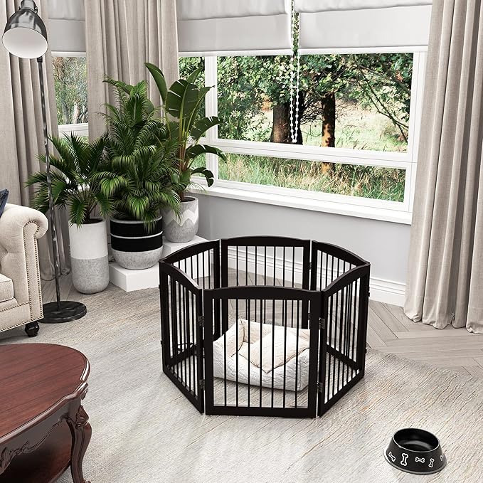 Freestanding Pet Gate for Dogs, Foldable Wooden Dog Gate for House, Extra Wide Indoor Pet Barrier for Stair, Doorway, Hall, Support Feet Included, 120 Inch Wide, 6 Panels 24", Brown-PawvioPets