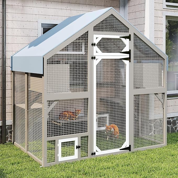 Cat Catio Outdoor Enclosure for Multiple Cats, Large Wooden Walk-in Cat House with Window Connection, 2 Condos, Platforms, Doors, and Weatherproof Roof Cover (69.5" L x 47" W x 71" H)-PawvioPets