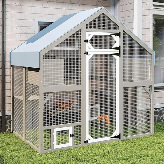 Cat Catio Outdoor Enclosure for Multiple Cats, Large Wooden Walk-in Cat House with Window Connection, 2 Condos, Platforms, Doors, and Weatherproof Roof Cover (69.5" L x 47" W x 71" H)-PawvioPets