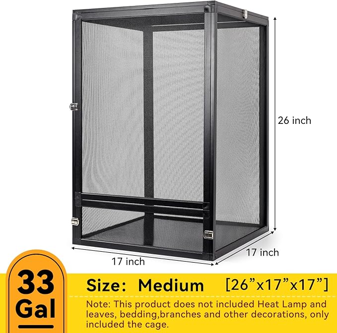 33 Gallon 360° Panoramic Foldable Reptile Terrarium Kit: Crested Gecko Tank and Reptile Cage for Superior Ventilation, Easy Feeding, Sturdiness, and Simple Assembly (Black, 26"x17"x17")-PawvioPets