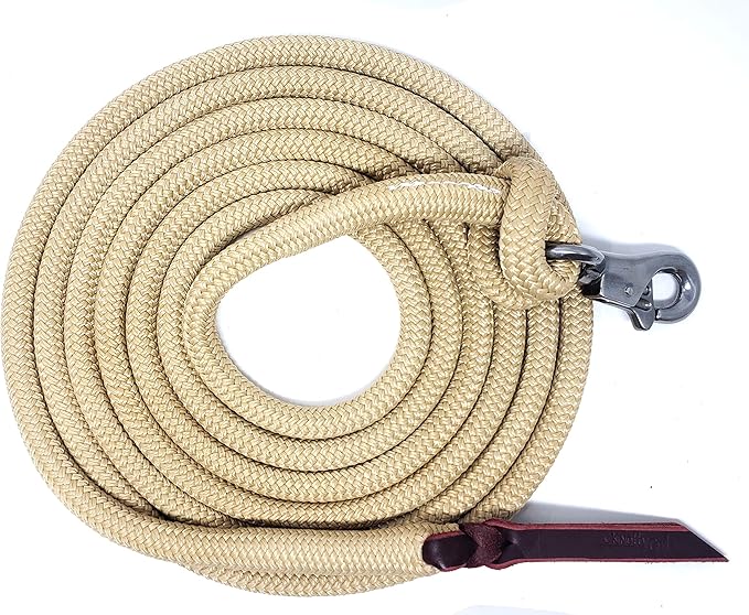 Double Braid Polyester Yacht Horse Lead Rope with Loop 12ft. or 14ft. Lengths (Beige, 14 ft. No Snap)-PawvioPets