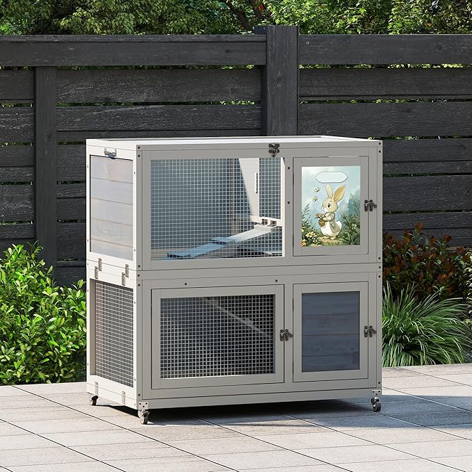 2-Story Wooden Rabbit Hutch for Outdoor & Indoor, Bunny Cage Rabbit House with Wheels, Trays, Ramp, Pet Home for Guinea Pigs, Chickens, Chicken Coop, Gray with Colorful Patterns-PawvioPets