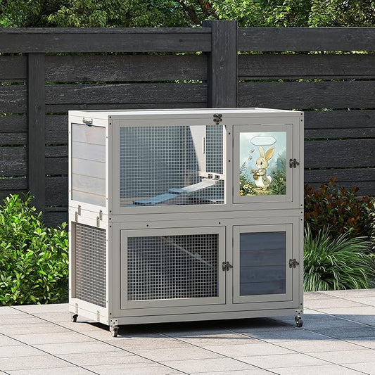 2-Story Wooden Rabbit Hutch for Outdoor & Indoor, Bunny Cage Rabbit House with Wheels, Trays, Ramp, Pet Home for Guinea Pigs, Chickens, Chicken Coop, Gray with Colorful Patterns-PawvioPets