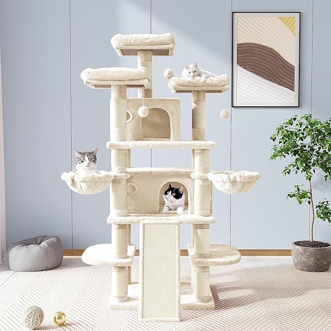 Allewie 68 Inches Cat Tree/House and Towers for Big Feline/Scratching Post/Multi-Level Large Kitty Climbing Tree with Condo/Beige-PawvioPets