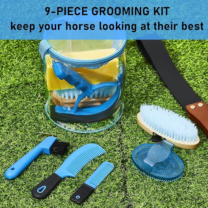 9 Pieces Horse Grooming Kit Tack Room Supplies Set with Organizer Tote Bag, Oval Massage Curry, Hard and Soft Brush, Hoof Pick, Sweat Scraper, Bathing Sponge, Combs for Horse Riders Beginners (Blue)-PawvioPets