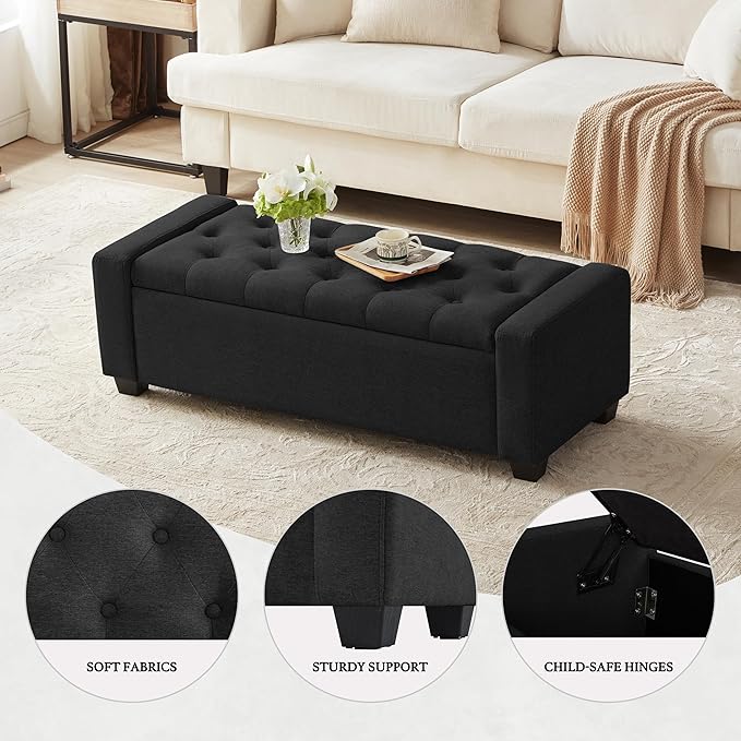 48" Ottoman with Storage, Black Storage Ottoman Bench with Safety Hinge, Upholstered Entryway Bench with Seating for Bedroom, Living Room, Holds up to 330 lb-PawvioPets