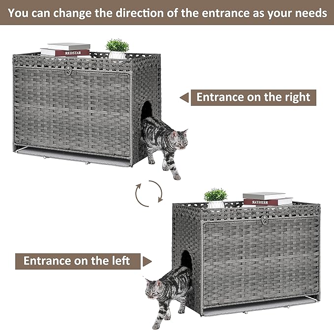 Cat Litter Box Enclosure with Soft Litter Mat; Hidden Kitten Washroom Furniture with Door; Handwoven Rattan Cat House with Large Space; Pet Crate for Living Room, Bedroom, Balcony (Grey)-PawvioPets