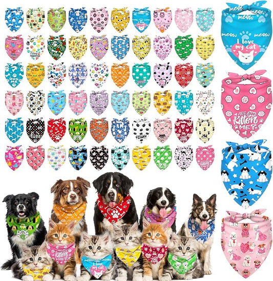 Dog Bandanas Bulk, Adjustable Cat Outfit, Pet Bibs Colorful Triangle Scarf Pet Bandanas for Medium Large Dogs Birthday Costume Decoration (60PCS_Classic)-PawvioPets