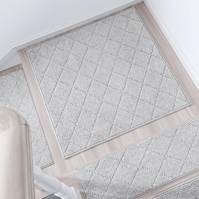 COSY HOMEER Edging Stair Treads Non-Slip Corner Indoor Stair Runners for Wooden Steps,Landing Slip Resistant Stair Rugs Mat for Kids and Dogs,100% Polyester TPE Backing,Grey,30x30 inch-PawvioPets