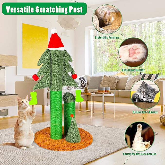 32” Cat Scratching Post, Tall Christmas Tree Cat Scratcher with 3 Posts and Cute Dangling Teaser Balls, Natural Sisal Rope Cat Toys for Kitty and Adult Cats-PawvioPets