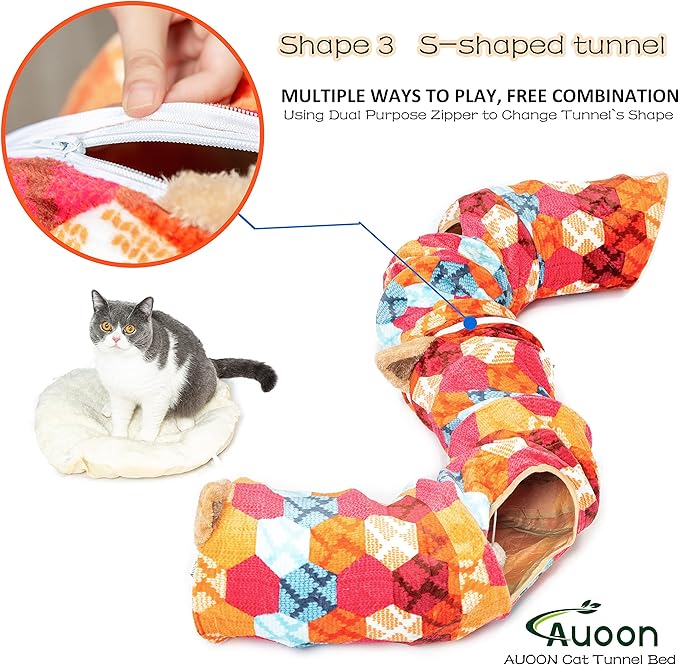 AUOON Cute Cat Donut Tunnel - Interactive Cat Tunnel Bed for Indoor Cats Kitten Kitty Puppy Rabbit Ferret (Orange)-PawvioPets