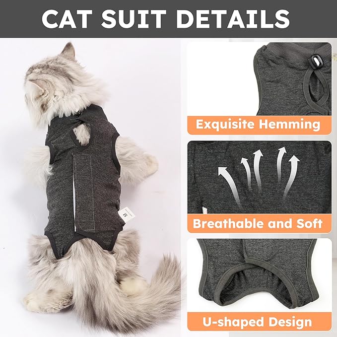 Cat Recovery Suit for Spay Abdominal Wounds, Kitten Onesie Bodysuit for Cats After Surgery, Cat Surgery Recovery Suit Female Cone of Shame Alternative for Cats Anti Licking (Dark Grey M)-PawvioPets