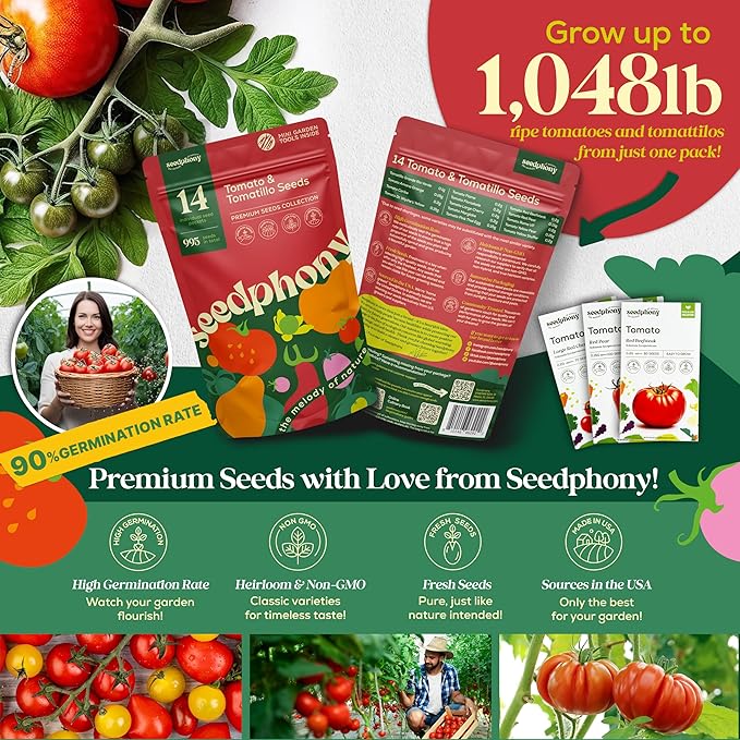 14 Tomatillo & Tomato Seeds for Planting Variety Pack - 990+ Non-GMO Heirloom Vegetable Seeds for Growing Tomato Indoor & Outdoor: Cape Gooseberry, Cherry, Flame, Roma, Beefsteak Tomatoes-PawvioPets