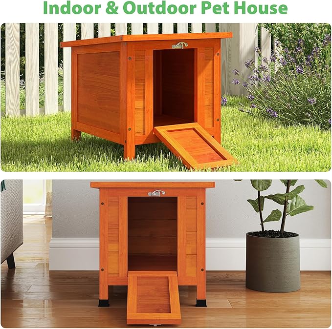 Coziwow Rabbit Hutch, Outdoor Cat House Weatherproof, Bunny Cage Indoor with Openable, Portable Small Animals Shelters with Nonslip Ramp for Hideout Rabbits/Feral Cats/Chicken/Small Animals-Orange-PawvioPets