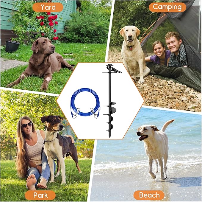 Dog Tie Out Stake, Heavy Duty 360°Swivel Dog Outside Lead Cable, Screw in Spike Auger Ground Stake Anchors with Power Nut Drill Bit, T Wrench and Leash, for Yard Camping Beach-PawvioPets