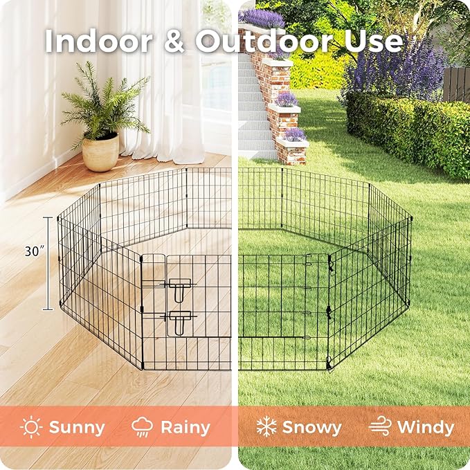 Foldable Dog Playpen 30" Height 8 Panels Metal Exercise Pen with Door - Indoor/Outdoor Puppy Playpen for Small Dogs, Portable Pet Fence for Yard Garden Camping, Black-PawvioPets