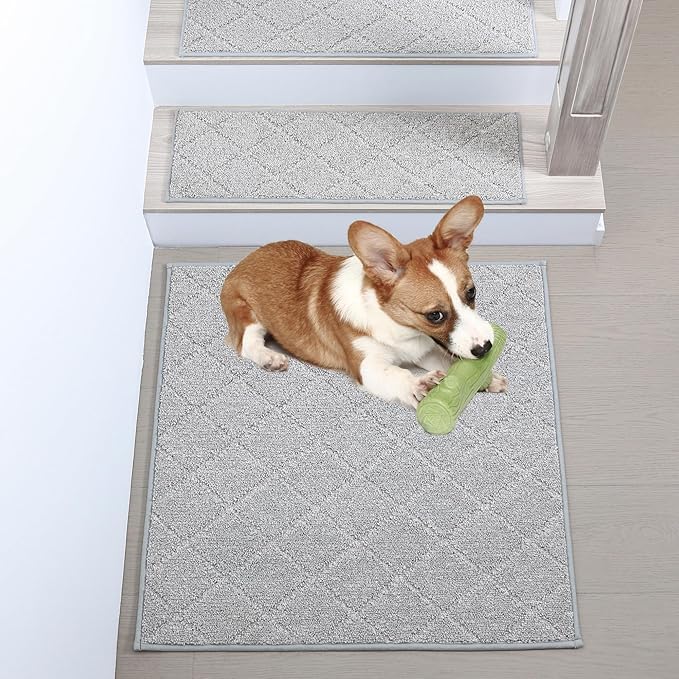 COSY HOMEER Edging Stair Treads Non-Slip Corner Indoor Stair Runners for Wooden Steps,Landing Slip Resistant Stair Rugs Mat for Kids and Dogs,100% Polyester TPE Backing,Grey,30x30 inch-PawvioPets