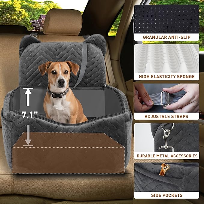 Dog Car Seat Booster with Waterproof Cover, Memory Foam, Small/Medium Dog Bed for Car Back Seat for Travel, Grey, 2 Safety Belt-PawvioPets